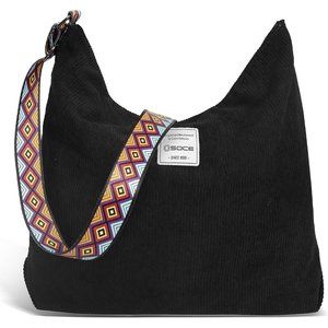 Women Black Corduroy Hobo Bag with Adjustable Strap